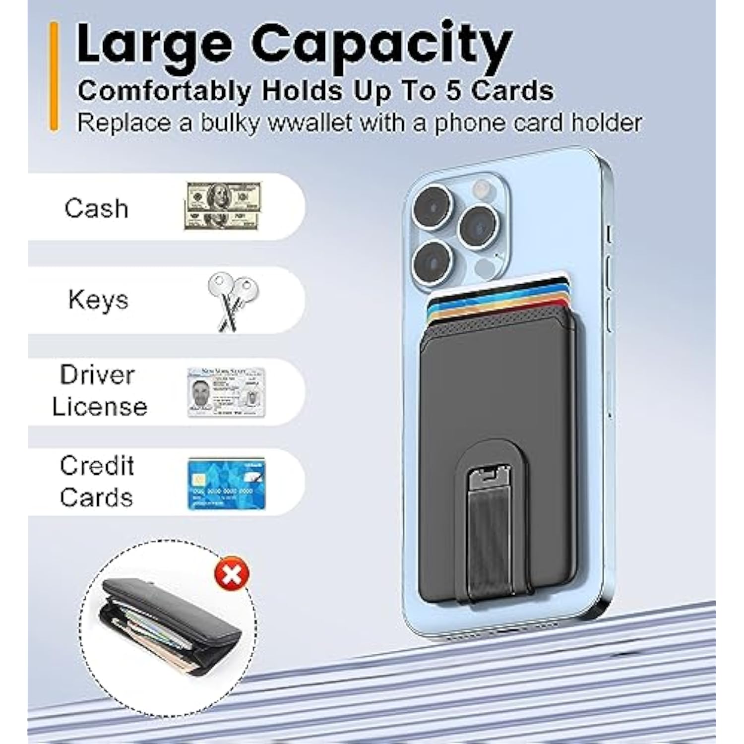 Ultra Slim Silicone Phone Wallet with Stand, Sticky Card Holder - Black