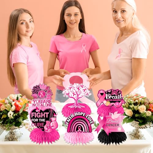Breast Cancer Awareness Decorations Honeycomb Centerpeces, 12Pcs Breast Cancer Awareness Accessories Pink and Black Ribbon Table Decorations, Cancer Free Cancer Survivor Table Sign for Home Office