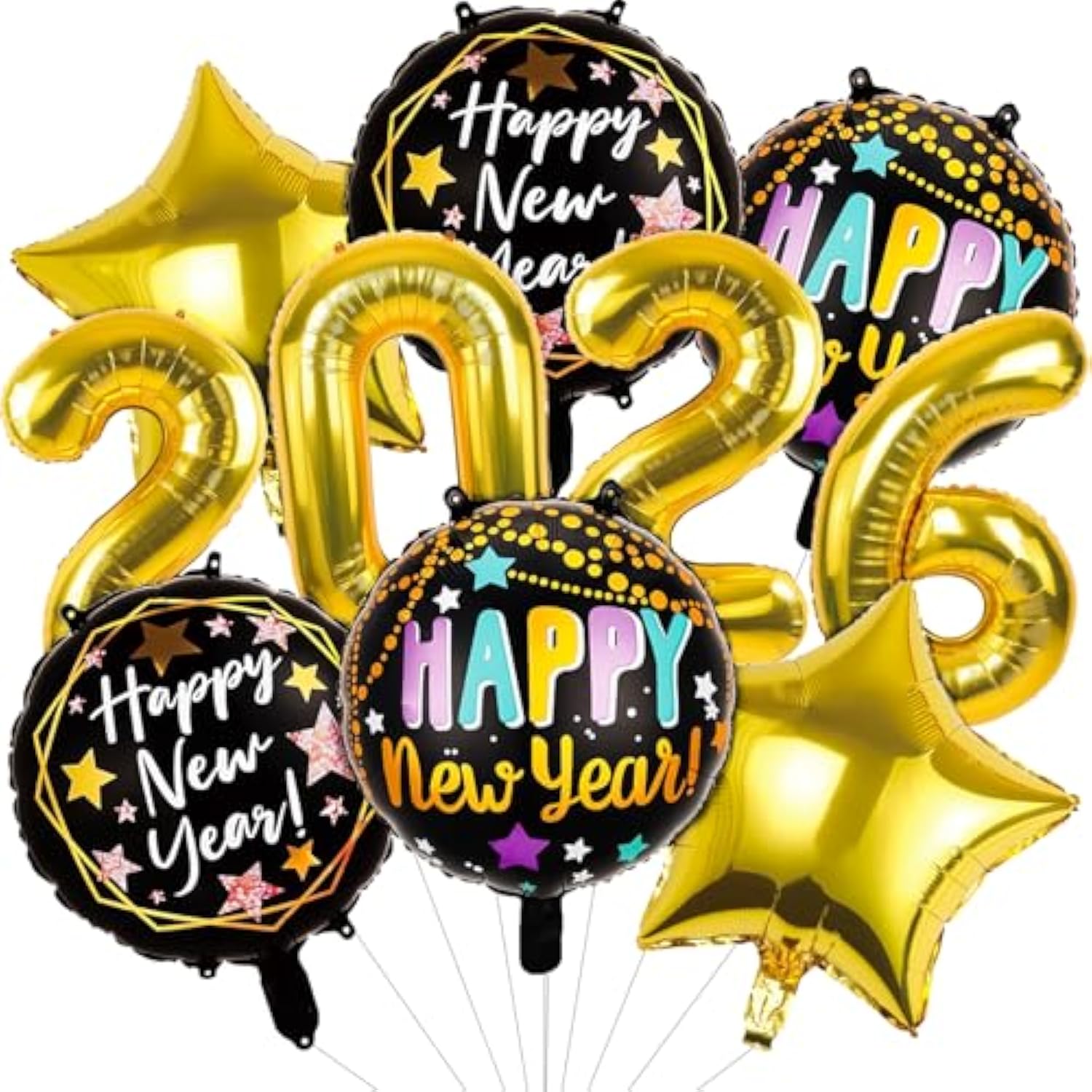 10-Piece Black and Gold New Year 2026 Foil Balloons for Party Decor