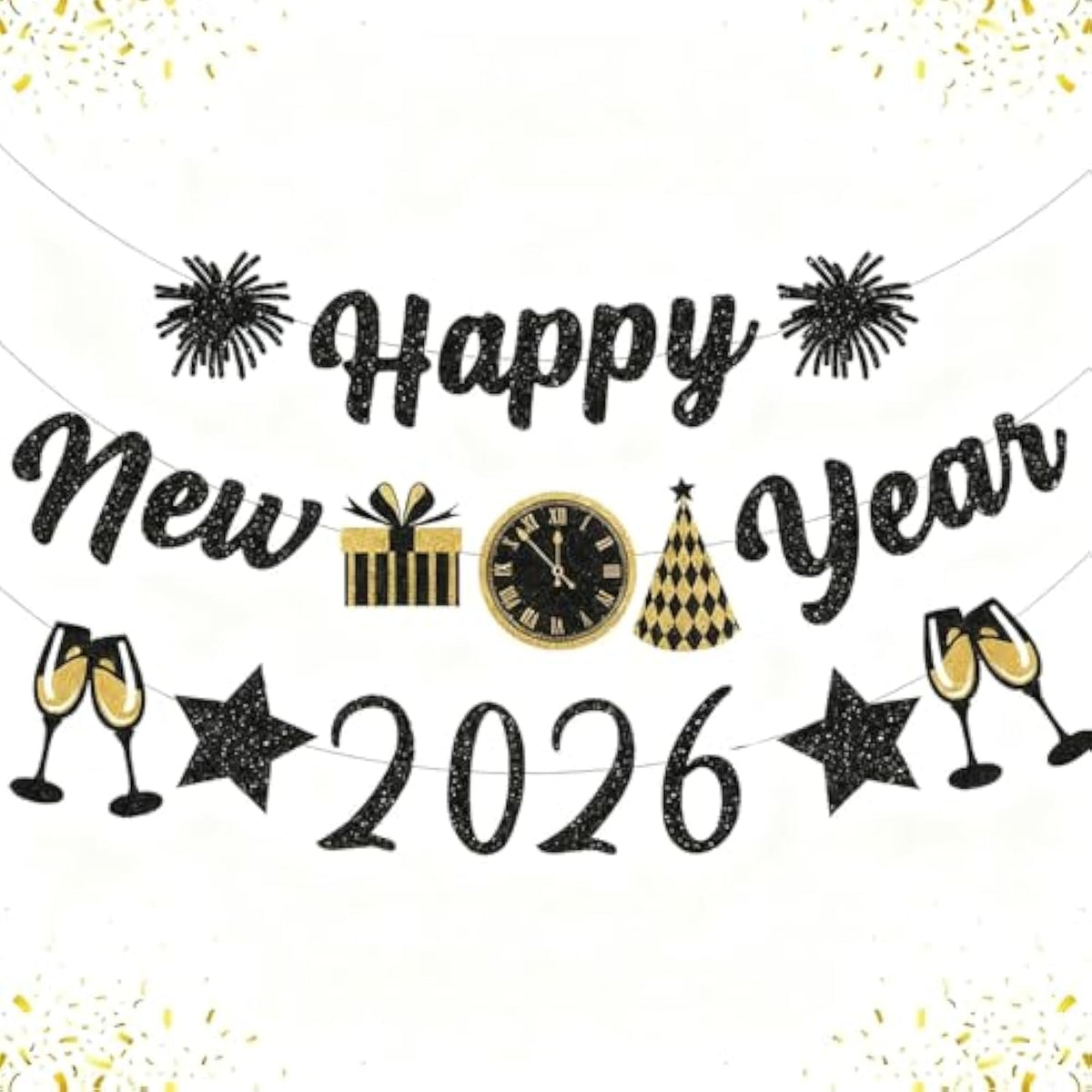 Black Gold Happy New Year 2026 Glitter Banner Party Decorations