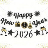 Black Gold Happy New Year 2026 Glitter Banner Party Decorations