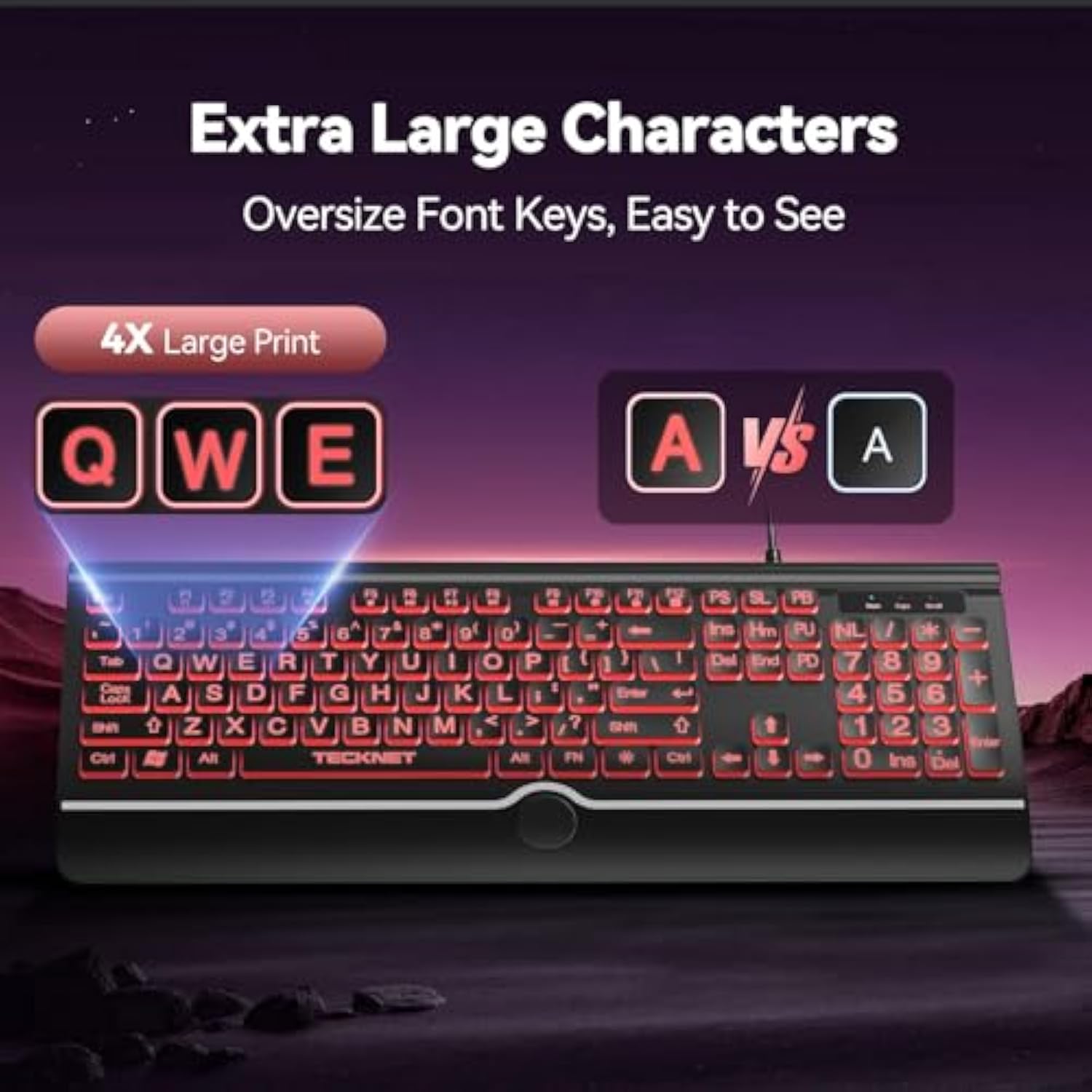 TECKNET Large Print Backlit Keyboard, Wired USB-A Computer Keyboard with Wrist Rest, 7-Color Backlit, Oversized Letter Keys Easy to See, Plug-and-Play, Silent, Foldable Stands for Windows/PC/Laptop