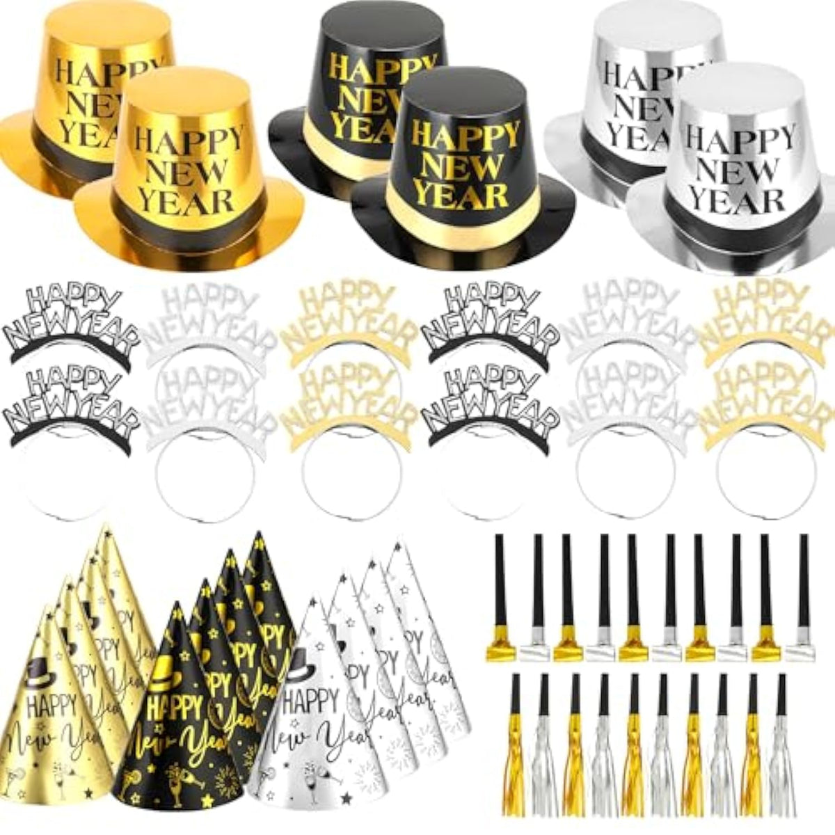 50 Pcs Black Gold Happy New Year 2026 Party Supplies Kit