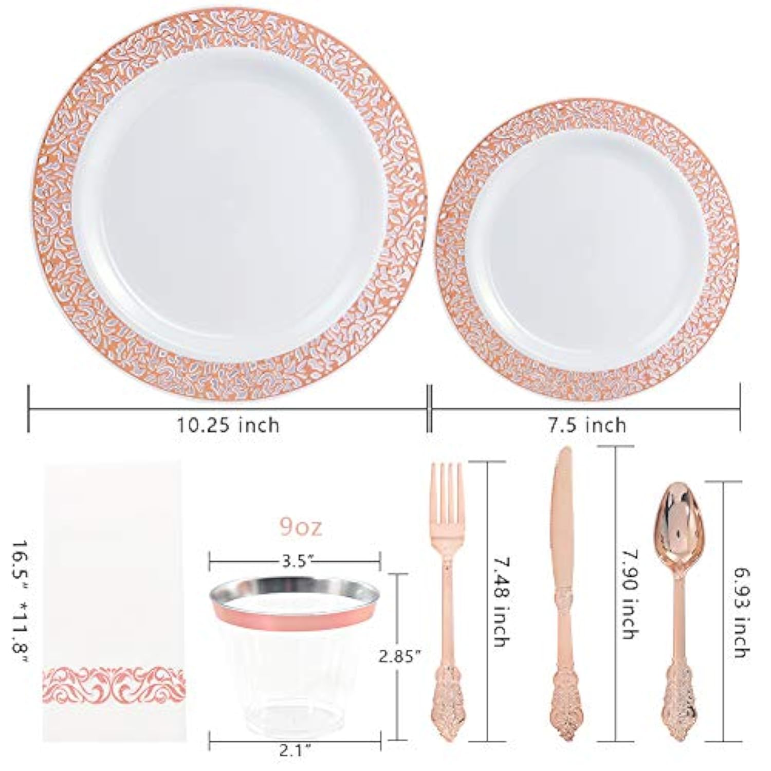 350Pcs Rose Gold Plastic Plates With Disposable Silverware & Napkins - Rose Gold Rim Plastic Dinnerware Set Lace Design For Wedding, Party & Mother’S Day