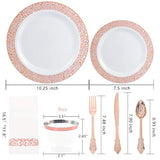 350Pcs Rose Gold Plastic Plates With Disposable Silverware & Napkins - Rose Gold Rim Plastic Dinnerware Set Lace Design For Wedding, Party & Mother’S Day