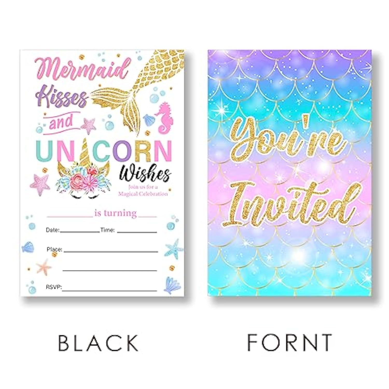 Unicorn Mermaid Birthday Party Invitations Supplies Fill-In Set Of 20 With Envelopes Kisses And Unicorn Wishes Birthday Bash Invites Cards, Double Sided