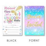 Unicorn Mermaid Birthday Party Invitations Supplies Fill-In Set Of 20 With Envelopes Kisses And Unicorn Wishes Birthday Bash Invites Cards, Double Sided