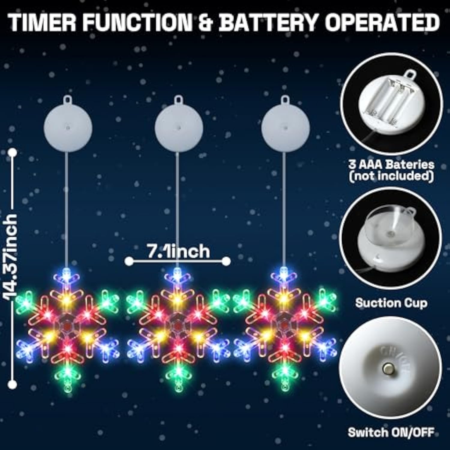 [Timer] Christmas Window Decorations, 3 Pcs Snowflake Christmas Window Lights With Suction Cup, Battery Operated Snowfla