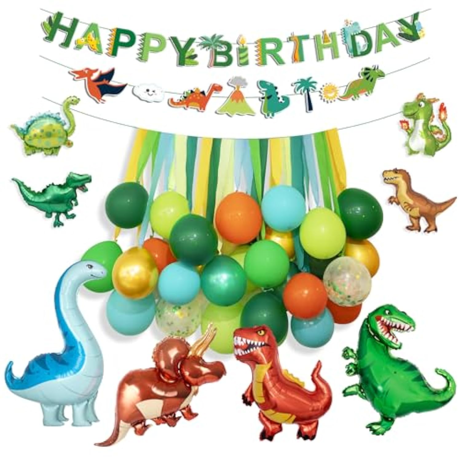 Dinosaur Birthday Party Decorations Supplies Happy Birthday Banner Crepe Paper Green Orange Blue Gold Dino Foil Balloons Garland Arch Kit For Jungle Safari Dinosaur Themed Baby Shower Party Boys Kids