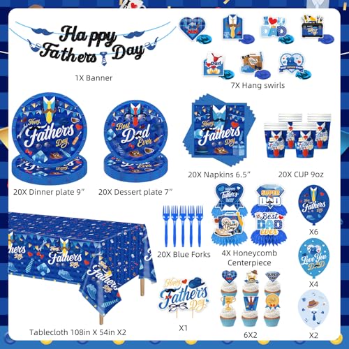 139Pcs Fathers Day Decorations, Happy Fathers Day Party Set with Plates, Napkins, Cups, Tablecloth, Banner, Balloons, Haning Swirls, Cake Topper, Cupcake Toppers for Dad Birthday Party, Serves 20
