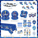 139Pcs Fathers Day Decorations, Happy Fathers Day Party Set with Plates, Napkins, Cups, Tablecloth, Banner, Balloons, Haning Swirls, Cake Topper, Cupcake Toppers for Dad Birthday Party, Serves 20