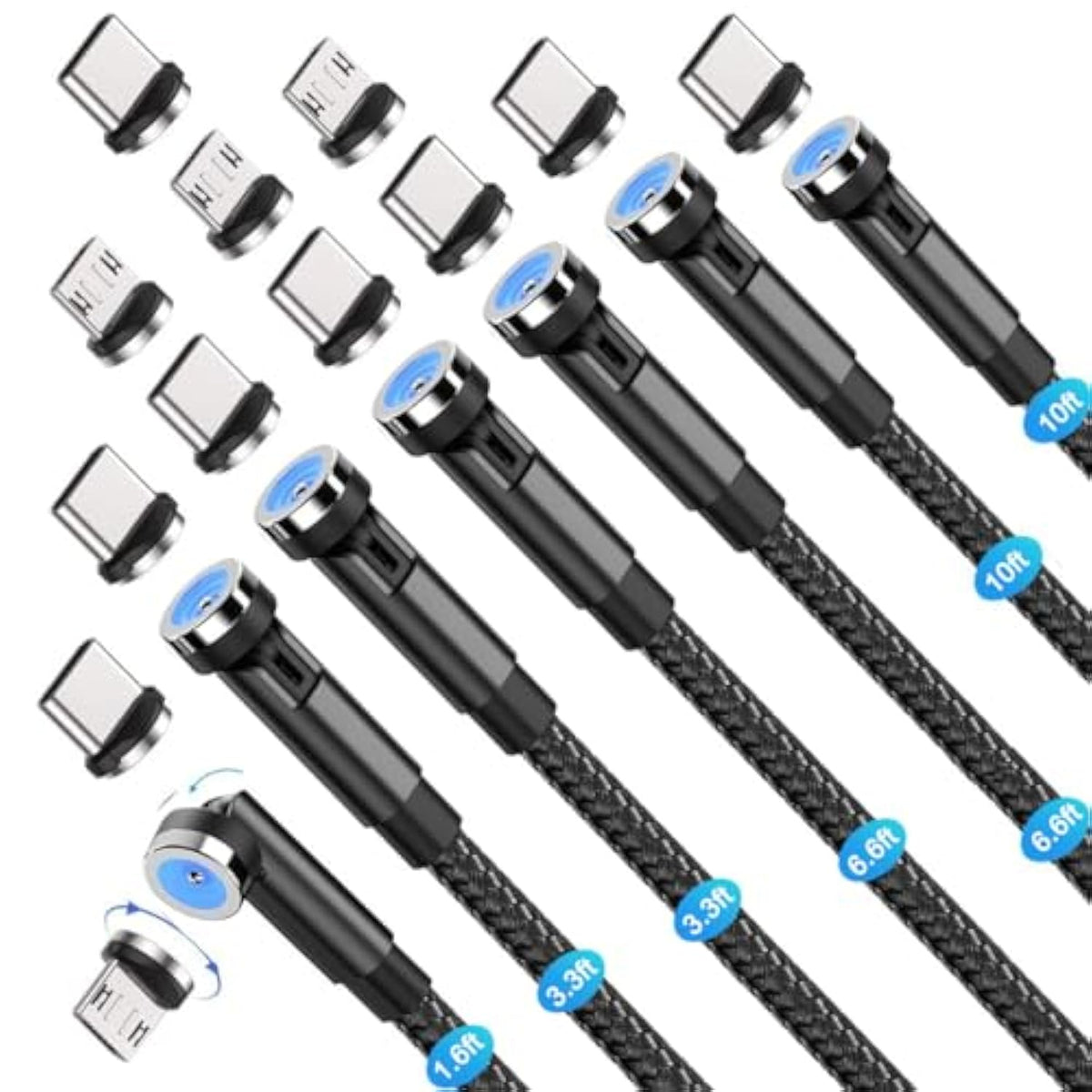 540° Rotation Magnetic Charging Cable(7-Pack, 1.6Ft/3.3Ft/3.3Ft/6.6Ft/6.6Ft/10