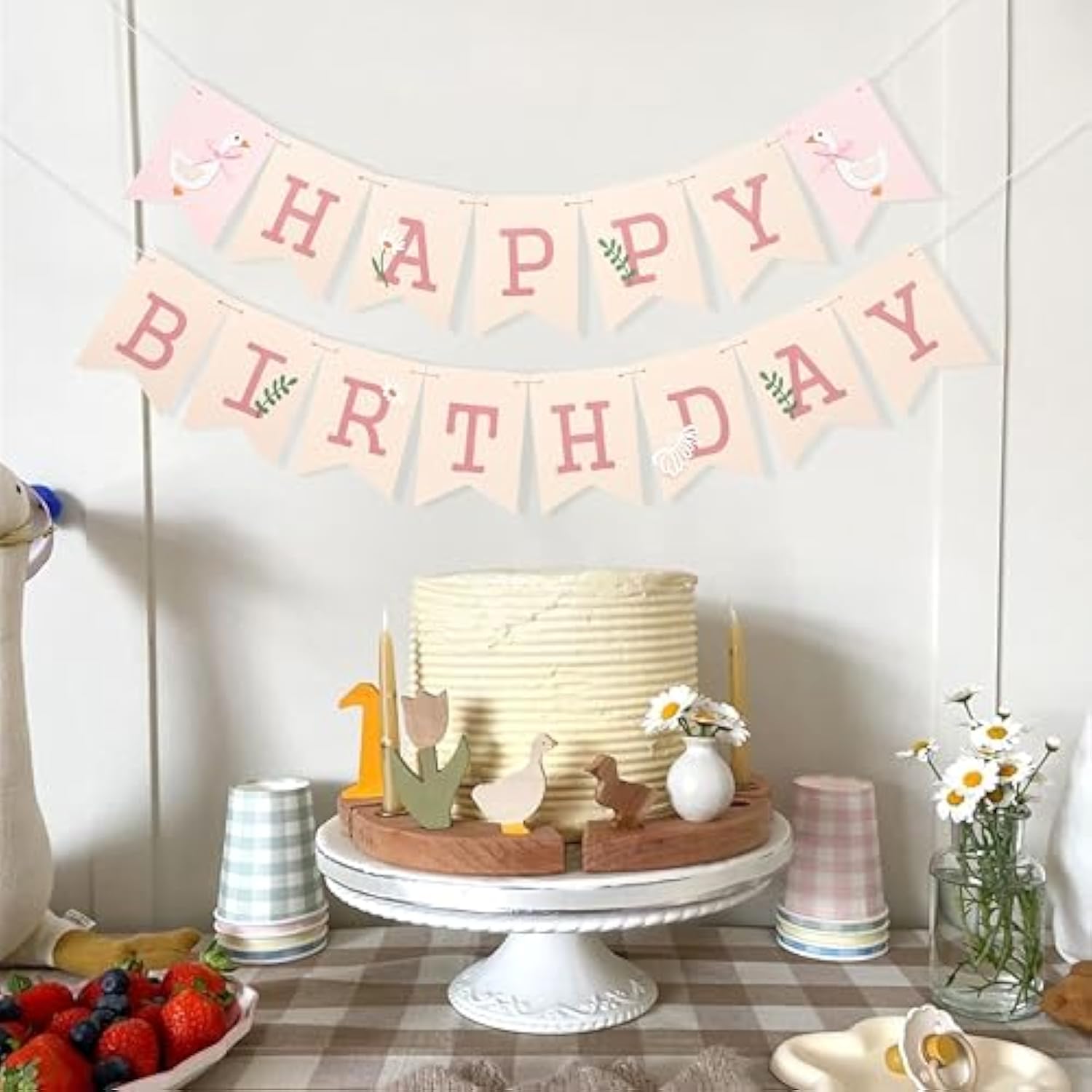 Goose Happy Birthday Banner - Sweet Pink Birthday Party Decorations,One Funny Goose Banner Photo Props,Daisy Leaf Lawn Party Garland,Happy Cake Smash Wall Hanging Decoration