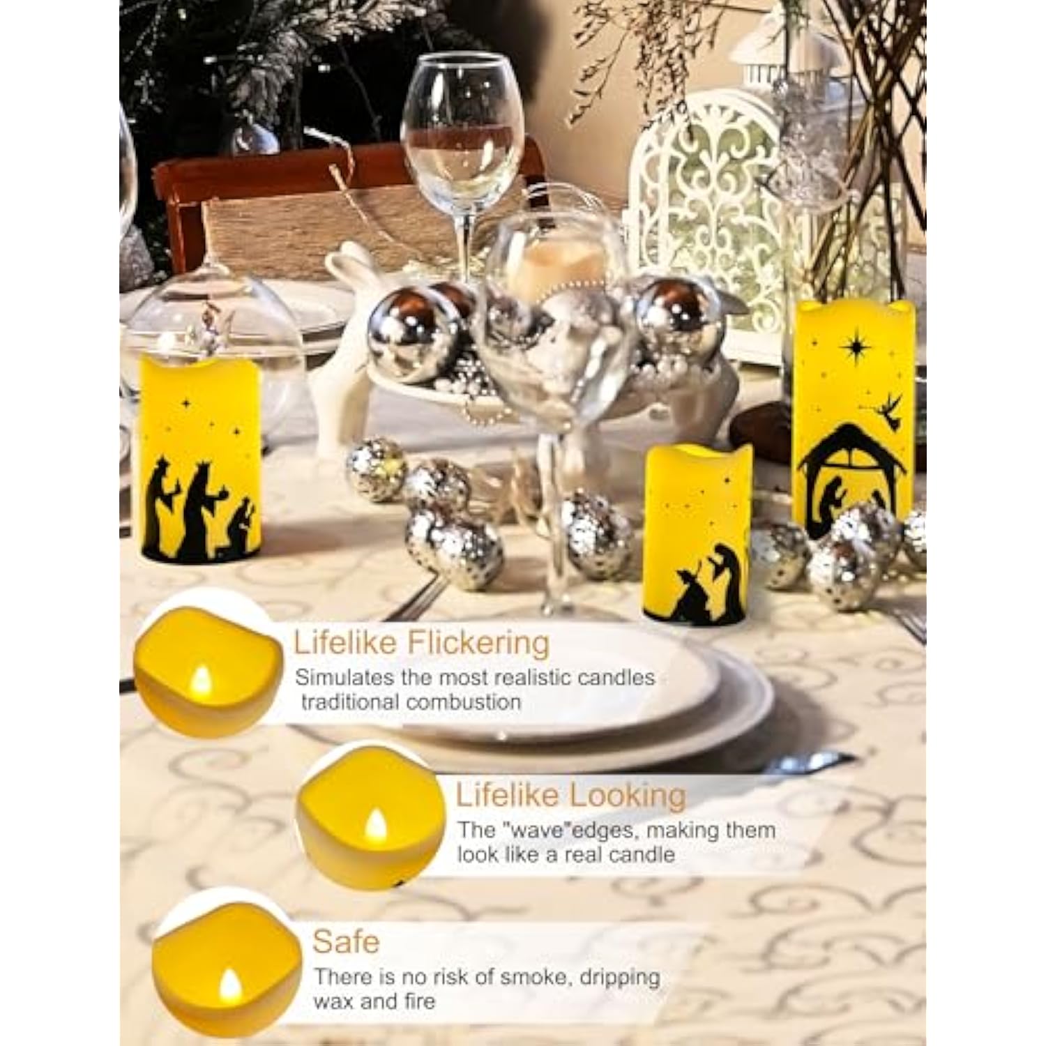 Flameless Christmas Nativity Scene Candles, Pillar Flickering Religion Candle With Timer Remote,Battery Operated Led Fake Candle For Xmas Home Holiday Decor Set Of 5