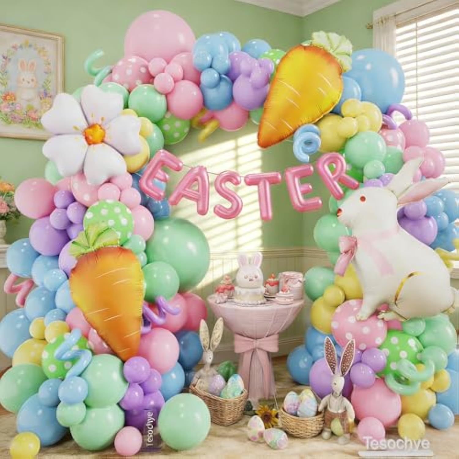 Easter Balloon Garlan Arch Kit With Bunny, Carrot, Daisy Foil Balloons,Pastel Balloon Garland Kit,Dot Printed Balloons For Easter Party Decorations Spring Birthday Decorations