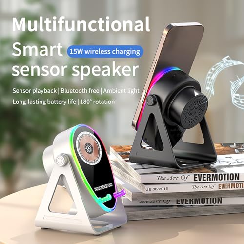 5-in-1 Wireless Induction Bluetooth Speaker with Phone Stand, Wireless Charging, 4-13" Device Fit, 1800mAh RGB Lighting Induction Speaker for Men
