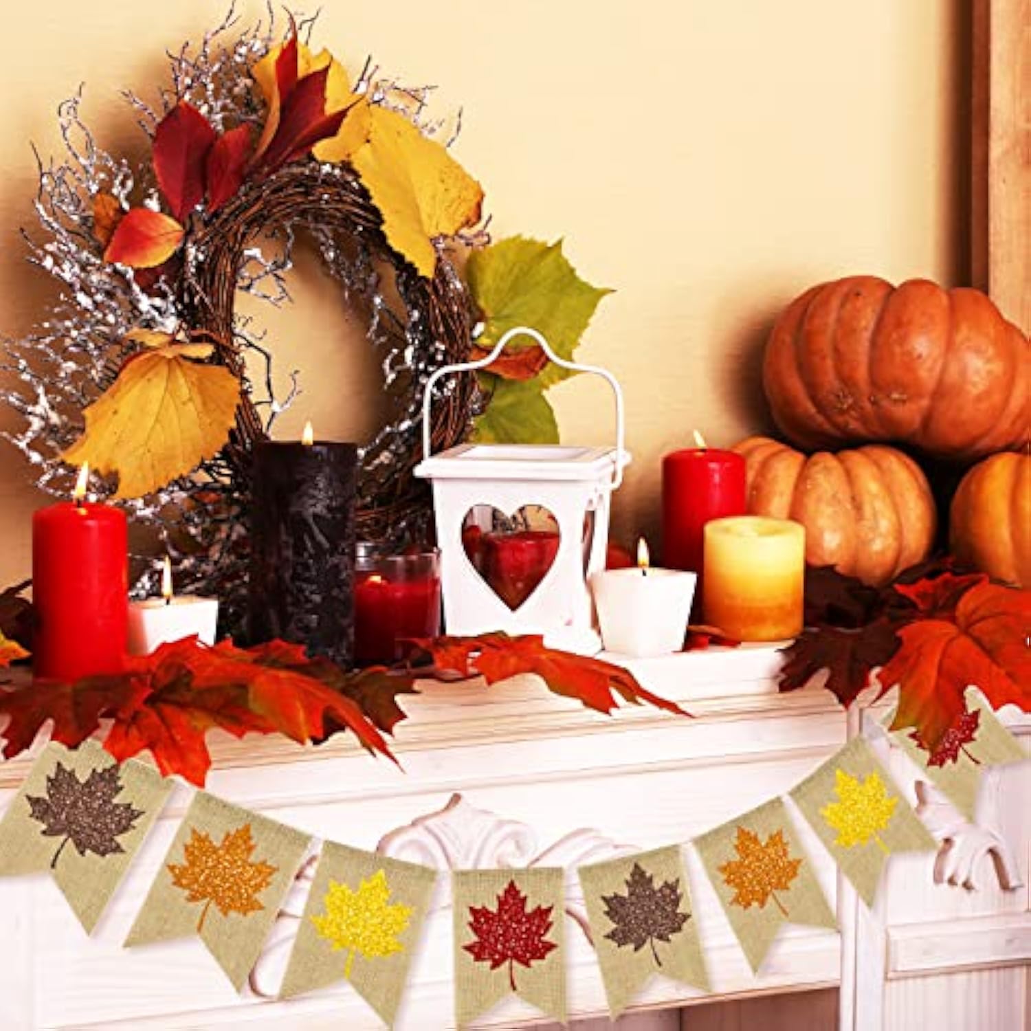 Fall Burlap Banner Glitter Maple Leaf Banner Pre-Assembled Rustic Bunting Garland Hanging Decorations For Autumn Thanksgiving Day Party Decoration Home Baby Shower Birthday Supplies
