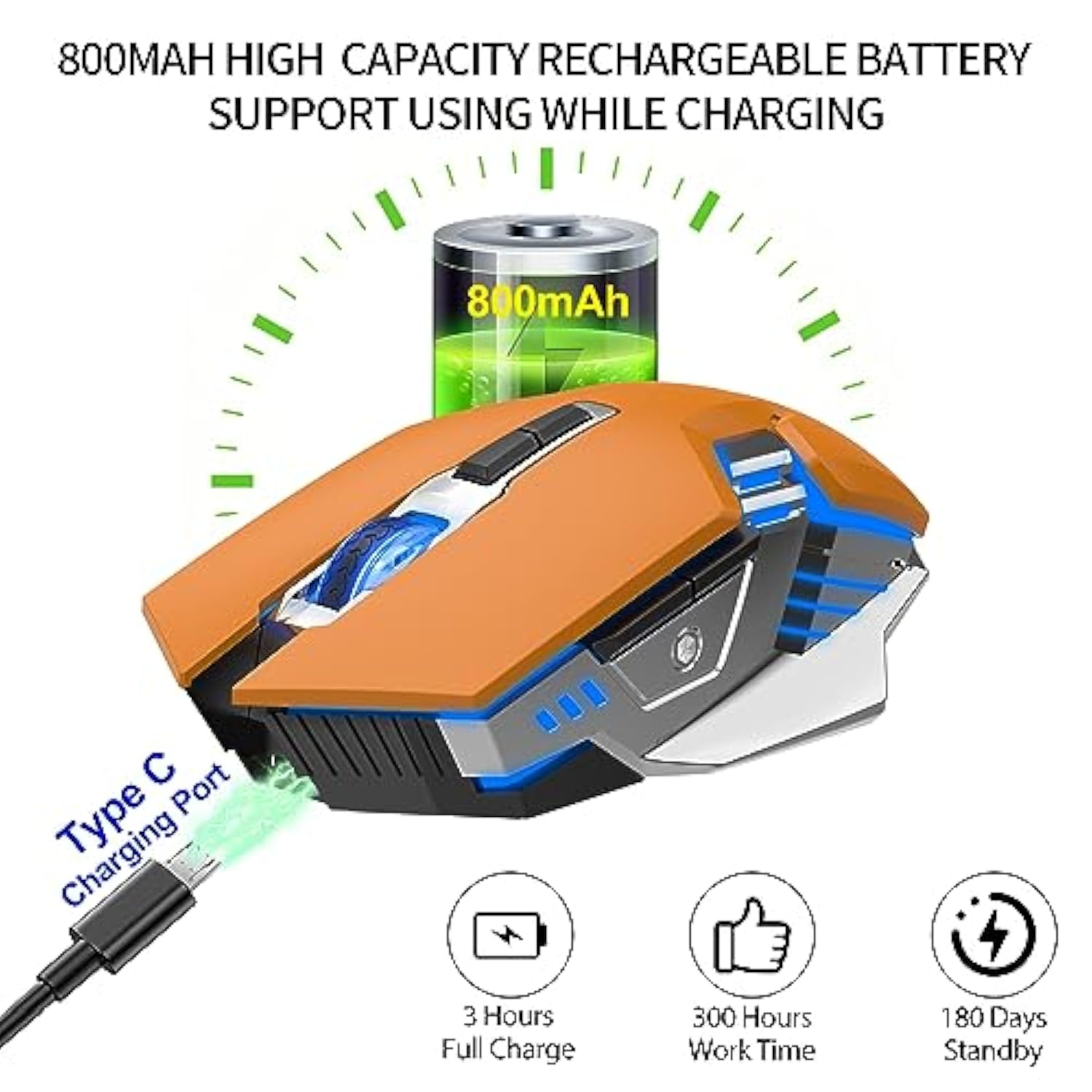 Bluetooth Gaming Mouse, Rgb Rechargeable Usb Wireless Mouse, Quiet Click, Led Backlit, Ergonomic, With Side Button, 6 Button, Dpi Adjustable, Computer Mice For Laptop Pc Macbook Chromebook - Orange