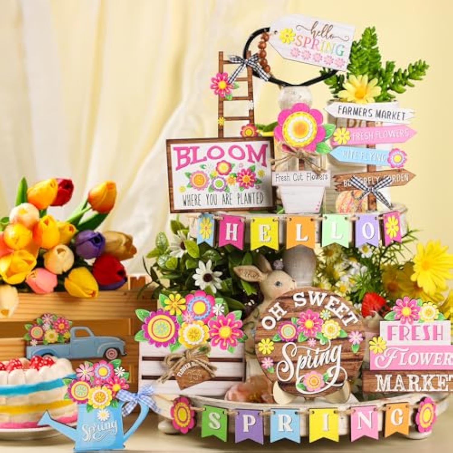 26 Pcs Spring Flower Tiered Tray Decor Set Rustic Farmhouse Spring Floral Table Home Kitchen Shelf Tabletop Centerpiece Office Decorations (Bright)