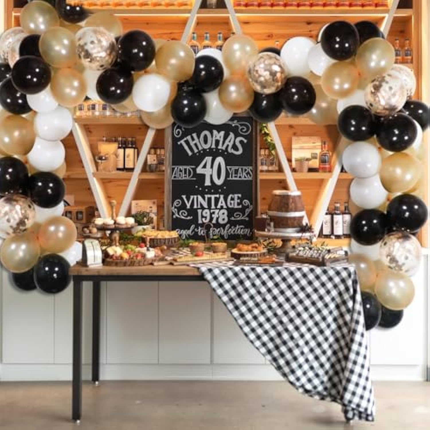 Whiskey Balloons Garland Arch Kit, Black White Champagne Gold Confetti
