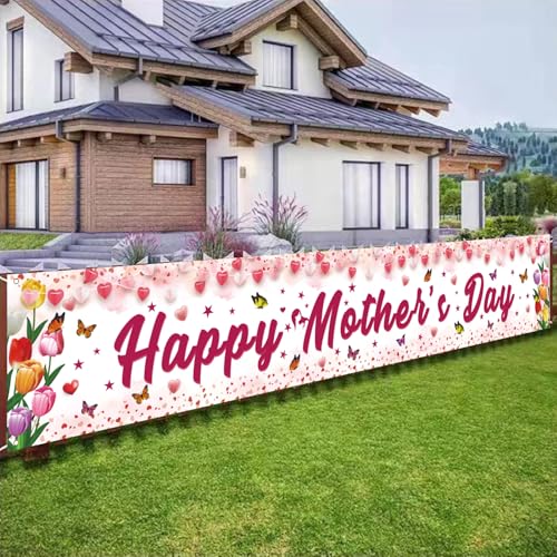 Mothers Day Decorations, Happy Mothers Day Banner, Large Size Pink Floral Design with Butterflies Mother's Day Outdoor Decorations, 118 x 20 Inch
