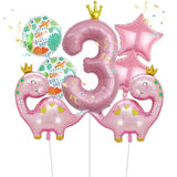 7Pcs Pink Crown Dinosaur Balloons, Girl Birthday Number Mylar Foil Balloon, 3Rd Birthday Party Supplies Decorations