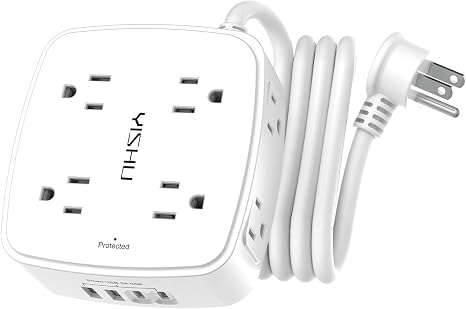6FT Surge Protector Power Strip with 8 Outlets 4 USB Ports Flat Plug Wall Mount White