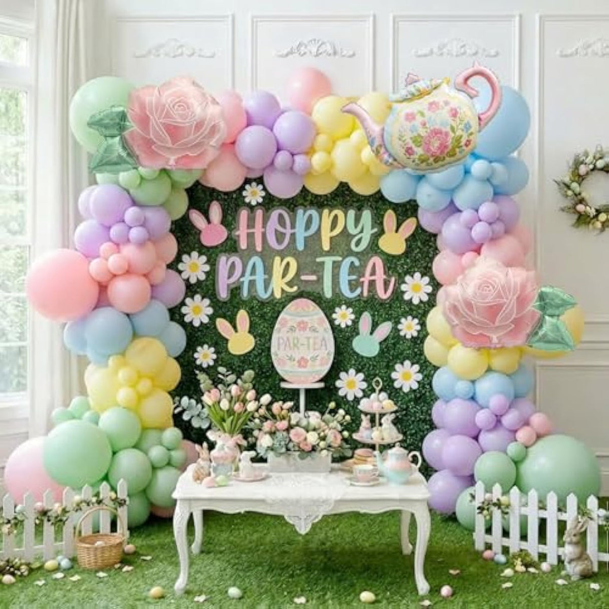 Spirng Balloon Garland Arch Kit Pastel Pink Green Blue Balloons With Teapot Flowers Balloons For Happy Easter Alice In Wonderland Spring Outdoor Tea Party 1St Birthday Baby In Bloom Decorations