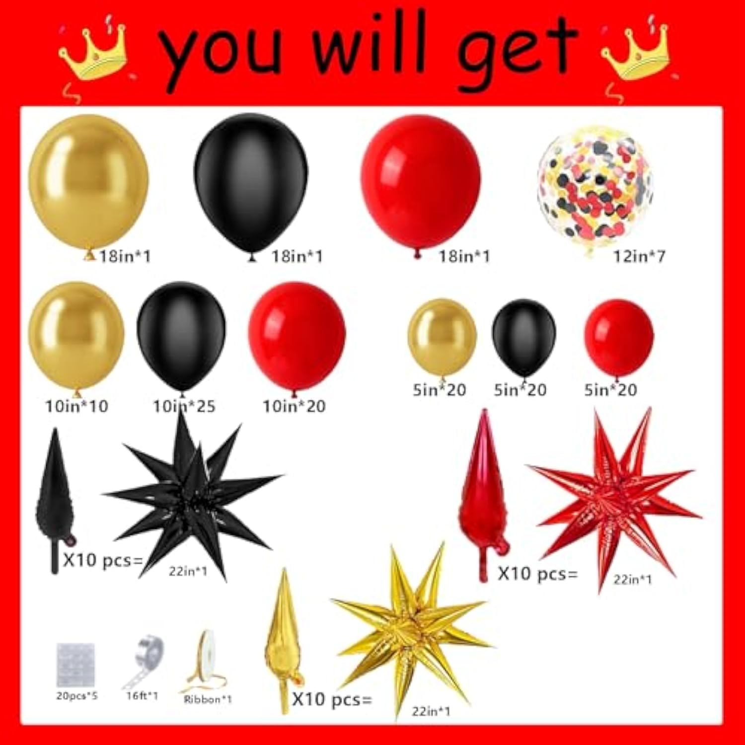 Red Black Gold Balloon Garland Arch Kit 158Pcs With Red Black Gold Confetti Balloons, Star Foil Balloons, For Graduation New Year Anniversary Birthday Party Decorations
