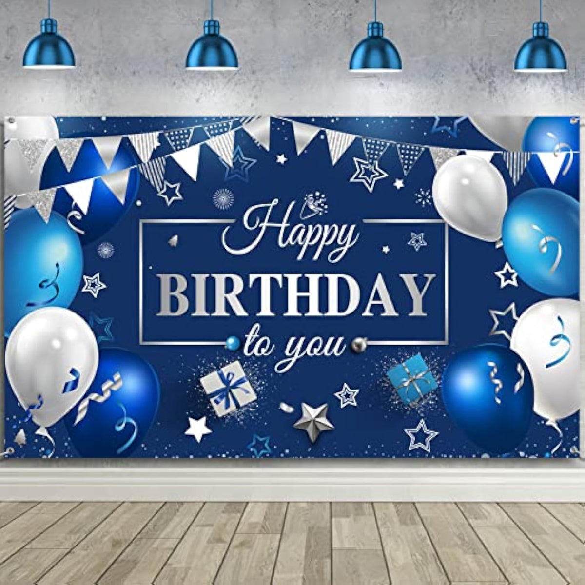 Navy Blue & Silver Happy Birthday Backdrop – 72.8" x 43.3" Banner for Party Decor