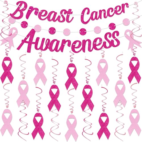 23Pcs Breast Cancer Awareness Decorations - Pink Ribbon Hanging Swirl Banner Accessories for Party Supplies Decor