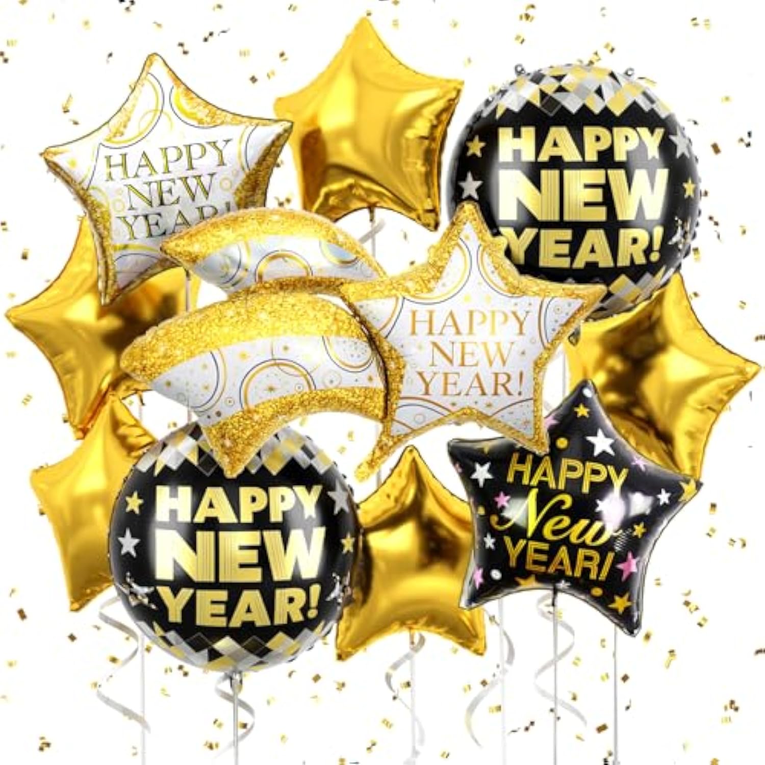 18-Inch Black & Gold Happy New Year Balloons Large Foil Decor for 2026 NYE