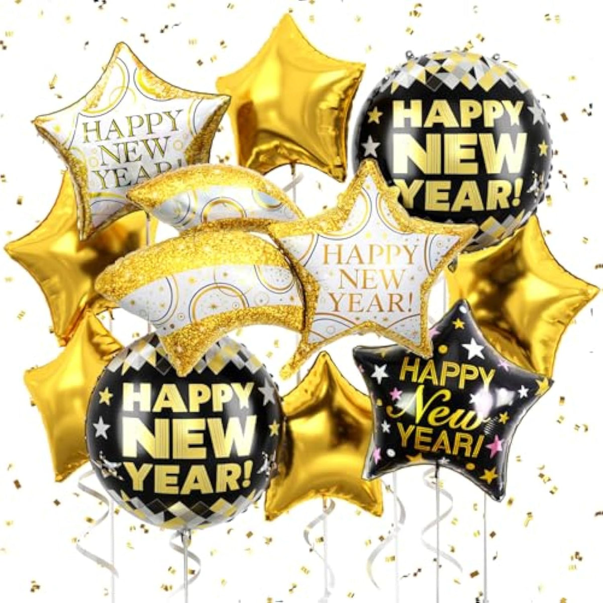 18-Inch Black & Gold Happy New Year Balloons Large Foil Decor for 2026 NYE