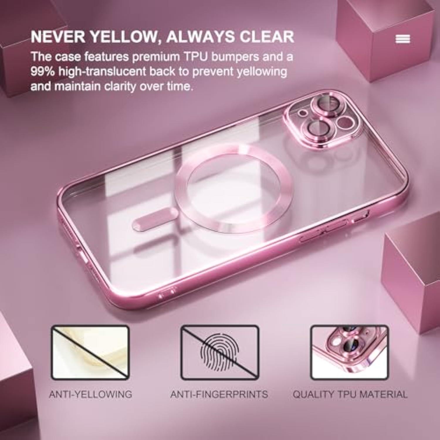 Magnetic For Iphone 15 Case Compatible With Magsafe [Never Yellowing] [ Grade Drop Protection] Full Camera Lens Protector Plating Soft Clear Phone Case For Women Girls, Pink