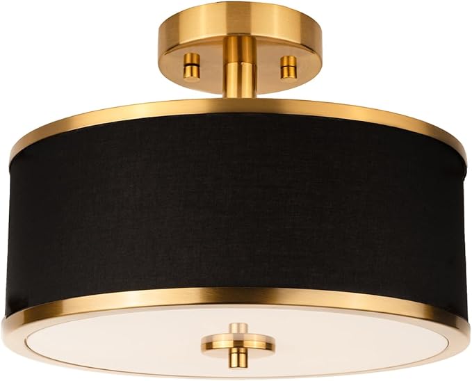 3 Light Gold Drum Ceiling Light with Black Fabric Shade Modern Semi Flush Mount Fixture