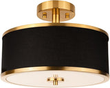 3 Light Gold Drum Ceiling Light with Black Fabric Shade Modern Semi Flush Mount Fixture