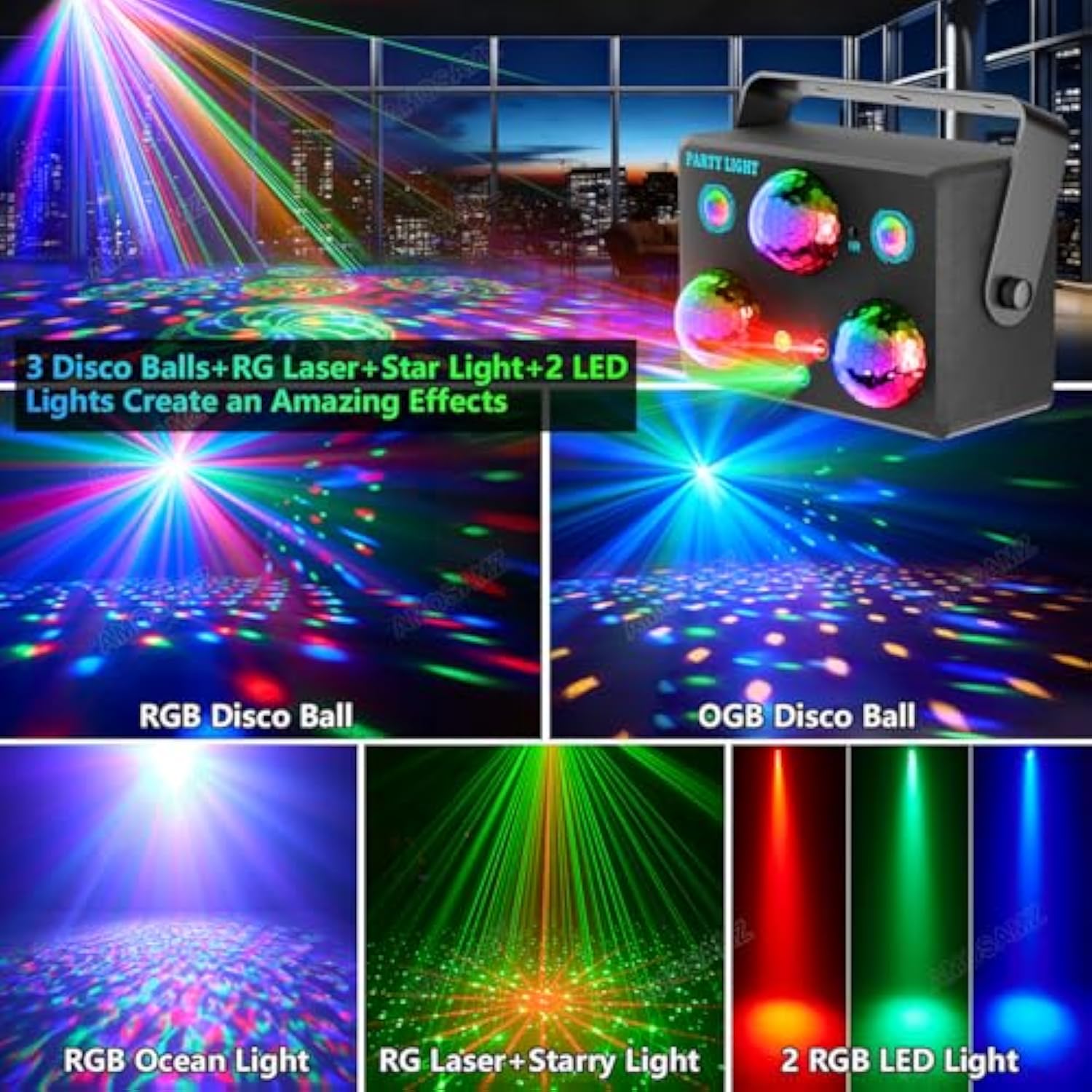 Disco Ball Party Lights,Pro 6 In 1 Disco Lights Sound Activated Dj Strobe With Rgb&Ogb Disco Balls,Laser Light Show,Ocean Lamp,Star Projector,2 Rgb Leds-Perfect For Disco Glow Party Rave Dance