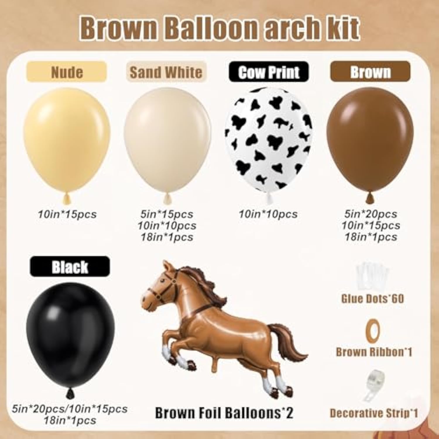 Western Cowboy Balloon Arch Kit With Black Dark Brown Sand White Nude Cow Print Cowboy Balloons For Wild West My First Rodeo Baby Shower Birthady Party Decorations