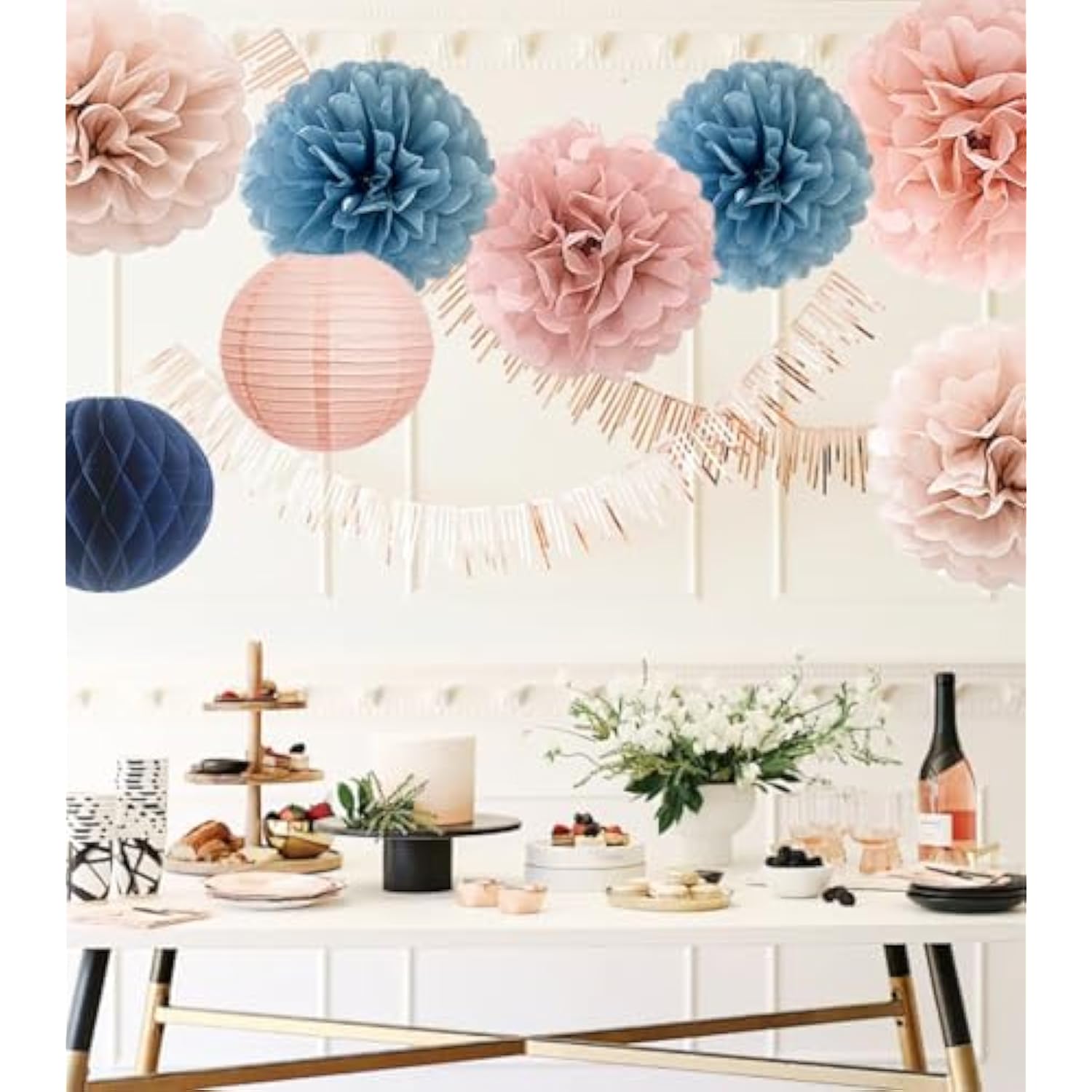 Dusty Pink Blue Hanging Party Decorations With Tissue Pom Poms And Paper Lantern For Bridal Baby Shower Gender Reveal Birthday Decor Supplies (Dusty Blue + Rose Gold)