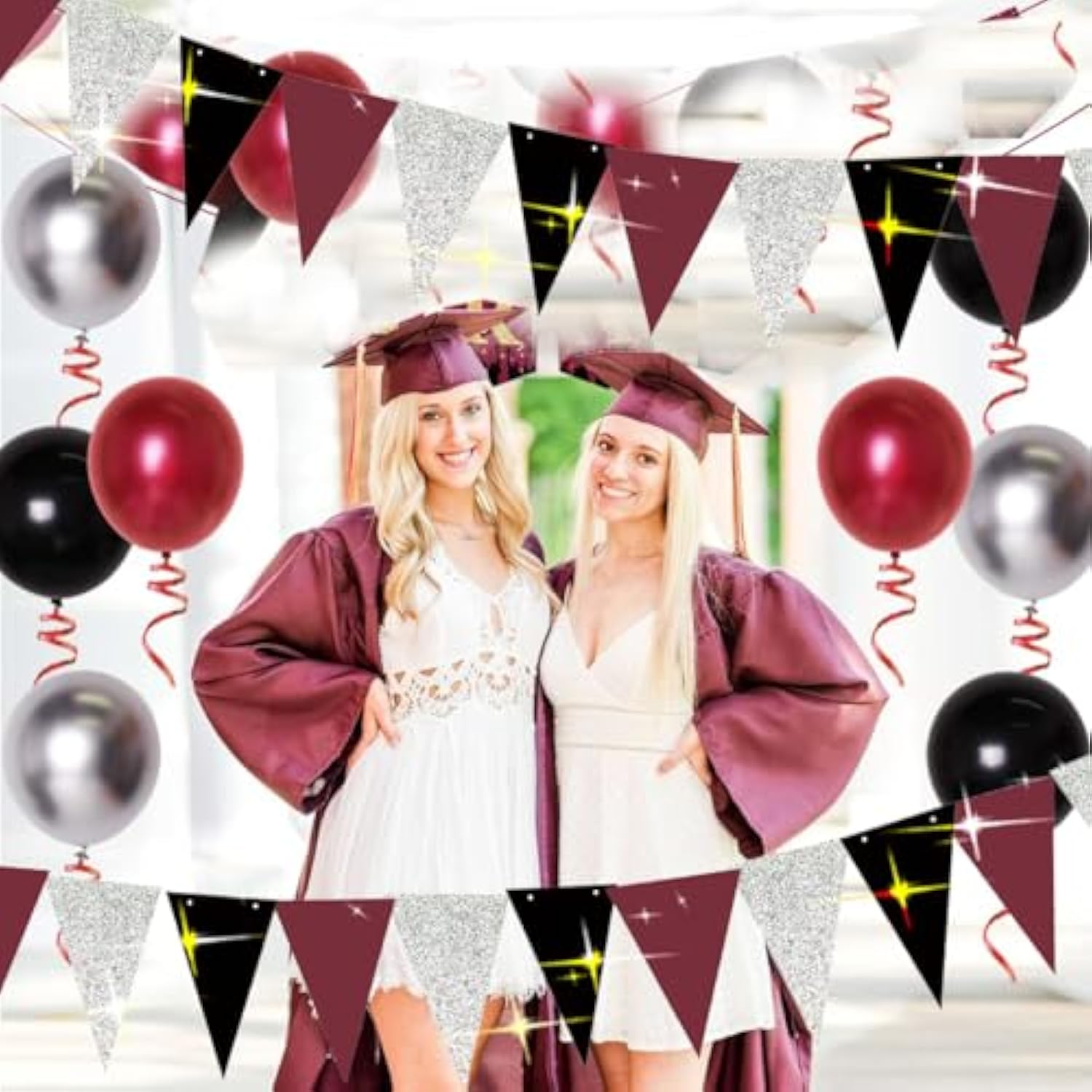 Graduation Decorations Maroon Black 2025/Burgundy Black Graduation Party Decorations/Burgundy Silver Triangle Banners 2Pcs For Maroon Birthday Party Bridal Shower/Wedding