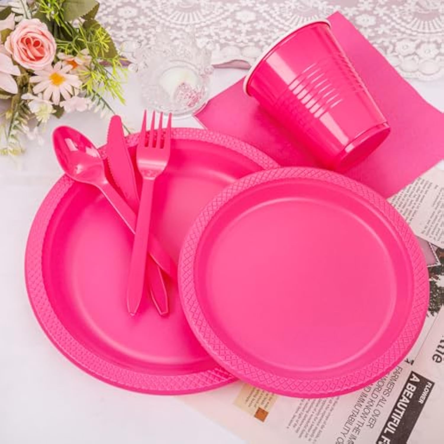 210Pcs Hot Pink Plates, Disposable Dinnerware Set, Including Hot Pink Plastic Plates, 12Oz Cups, Plastic Cutlery And Napkins Serve 30 Guests, Plastic Plates For Party And Valentine,Galentines