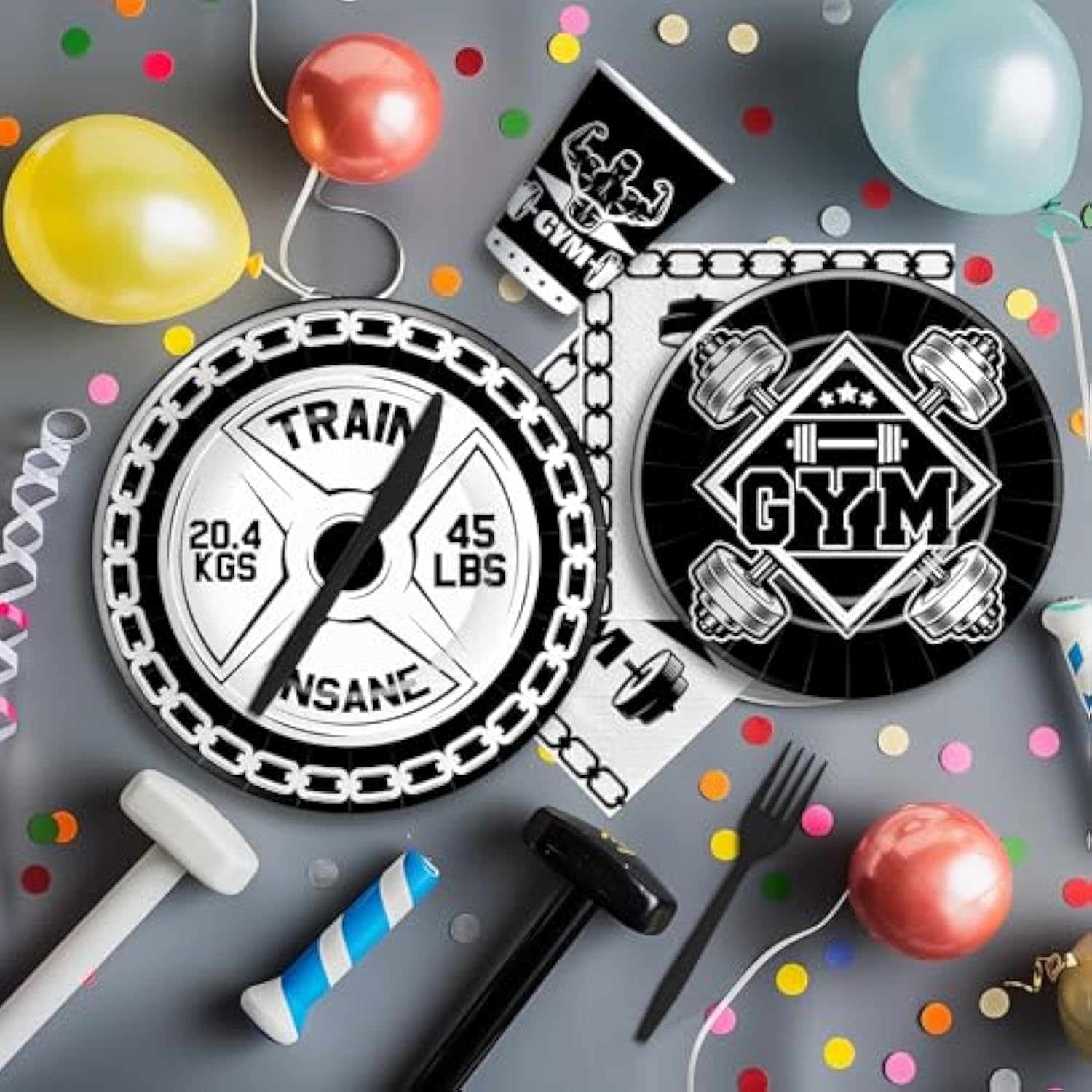 Gym Party Decorations Tableware - Gym Bodybuilder Birthday Party Supplies, Paper Plate, Napkin, Cup, Cutlery, Fitness Barbell Birthday Decorations For Gym Lovers And Weight Lifters | Serve 24