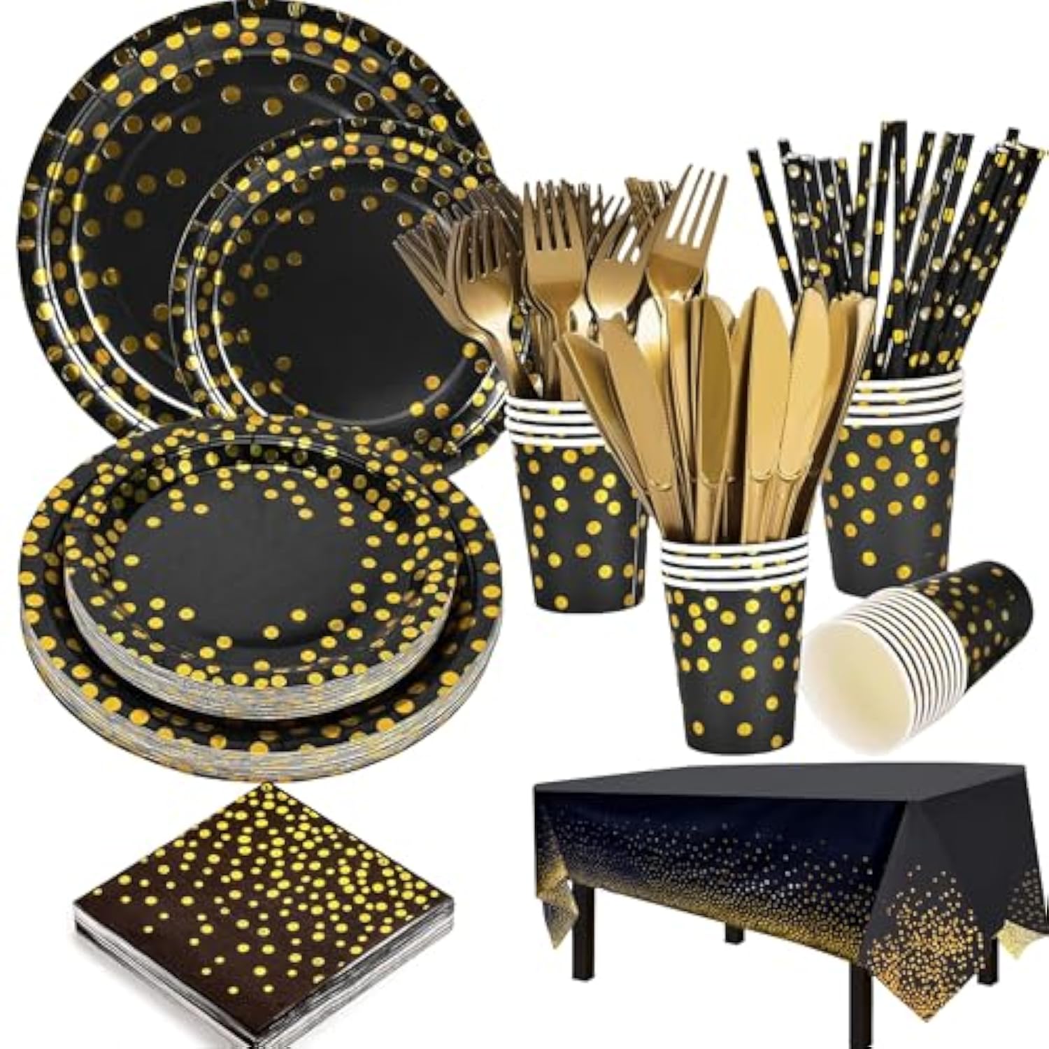 129-Piece Black and Gold Party Dinnerware Set for Events