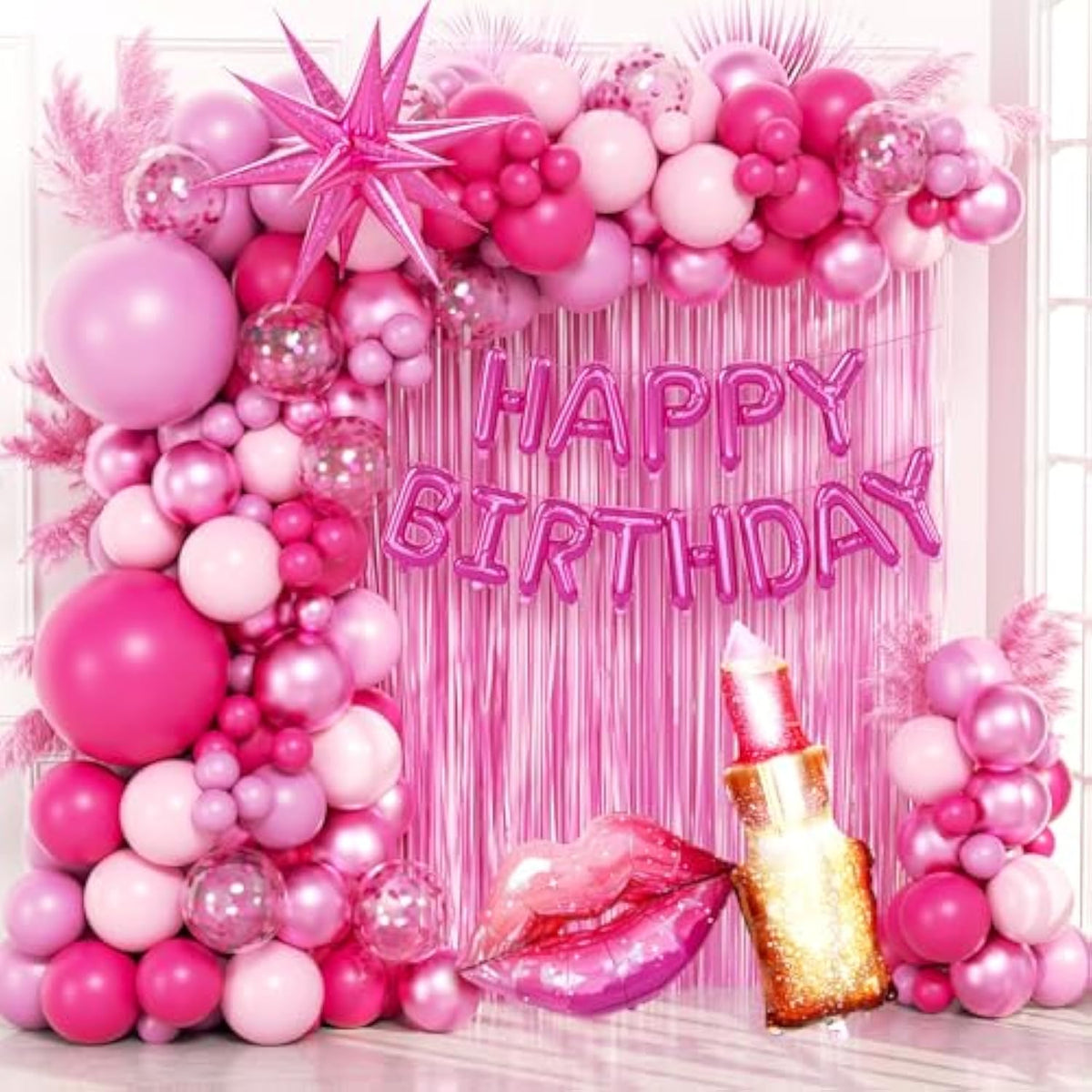 Hot Pink Birthday Decorations With Hot Pink Light Pink Confetti Balloons Happy Birthday Foil Balloons Fringe Curtains For Hot Pink Happy Birthday Decorations For Women Adults