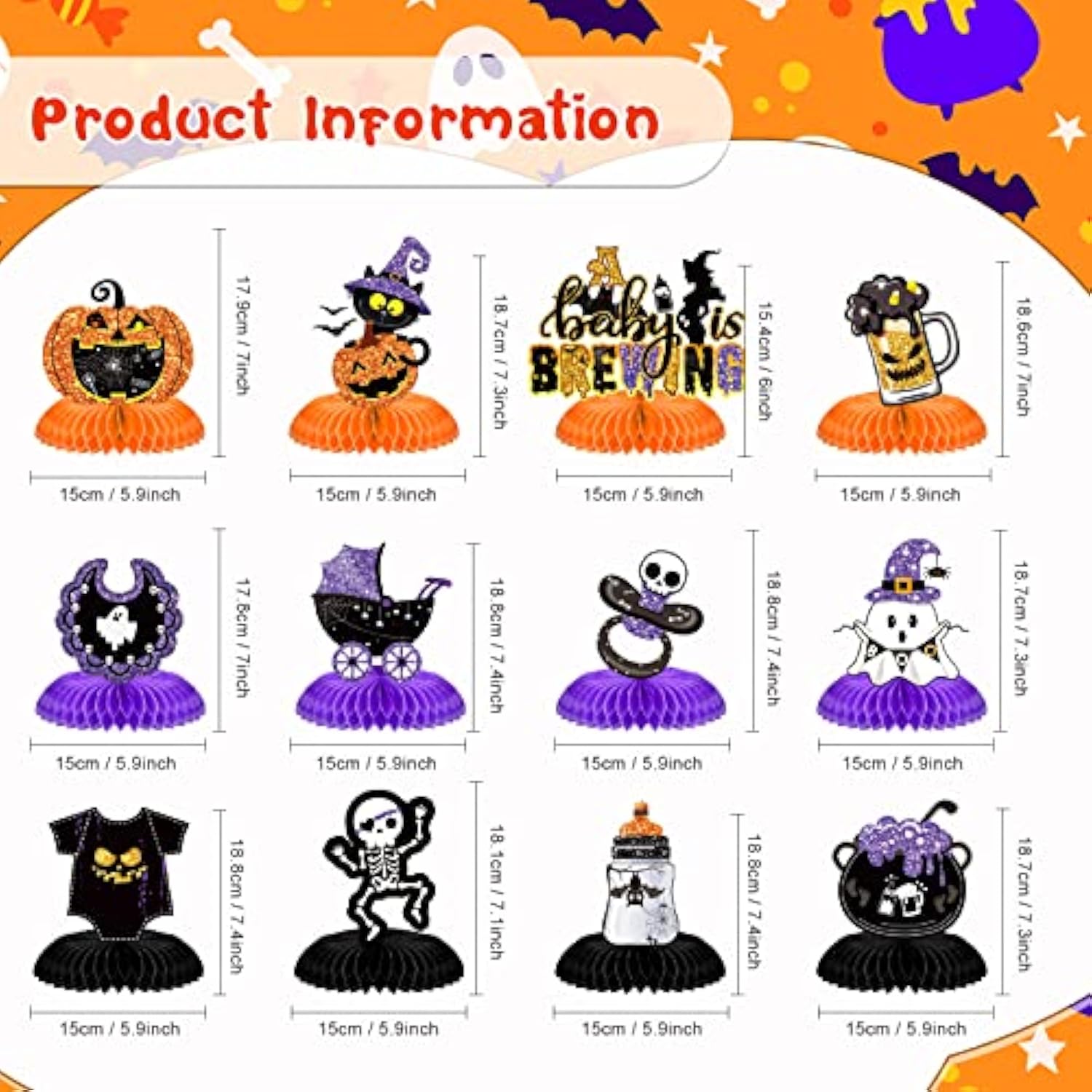 12 Pieces Halloween Baby Shower Decorations A Baby Is Brewing Honeycomb Table Centerpieces For Halloween Gender Reveal Party Favor Supplies(Purple,Fashion)