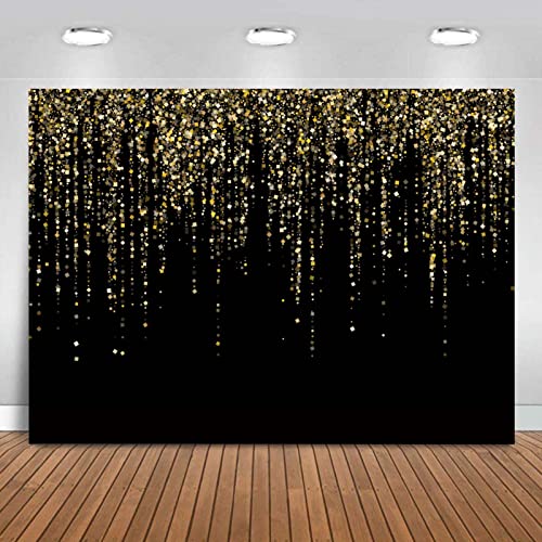 7x5 FT Black and Gold Bokeh Party Backdrop Photo Black and Gold Glitter Bokeh Sequin Spots Birthday Anniversary Photography Background Golden Sparkle Banner Photo Baby Bath Decoration