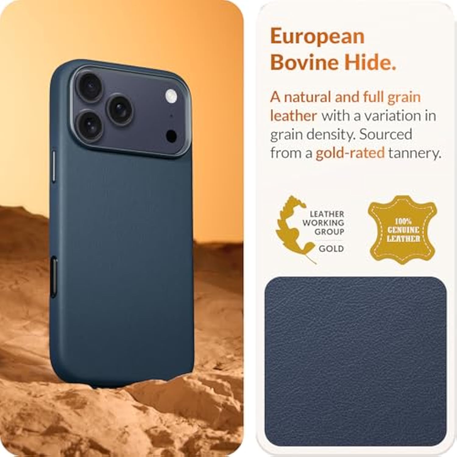 Classic | Gold-Rated Leather - European Genuine Vele Leather Case For Iphone 17 Pro - [Built-In Camera Control And Compatible With Magsafe] - Azzurro Blue