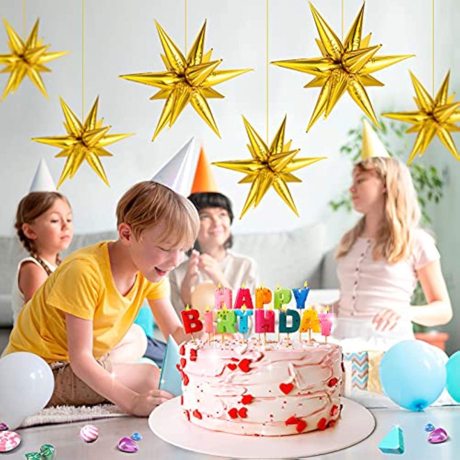 Gold Star Balloons - 74 Pcs Big 26 Inch Mylar Spike Balloons, 12 Point Star Explosion Foil Cone Balloon For Birthday, Wedding, Graduation, New Years, Party Supplies