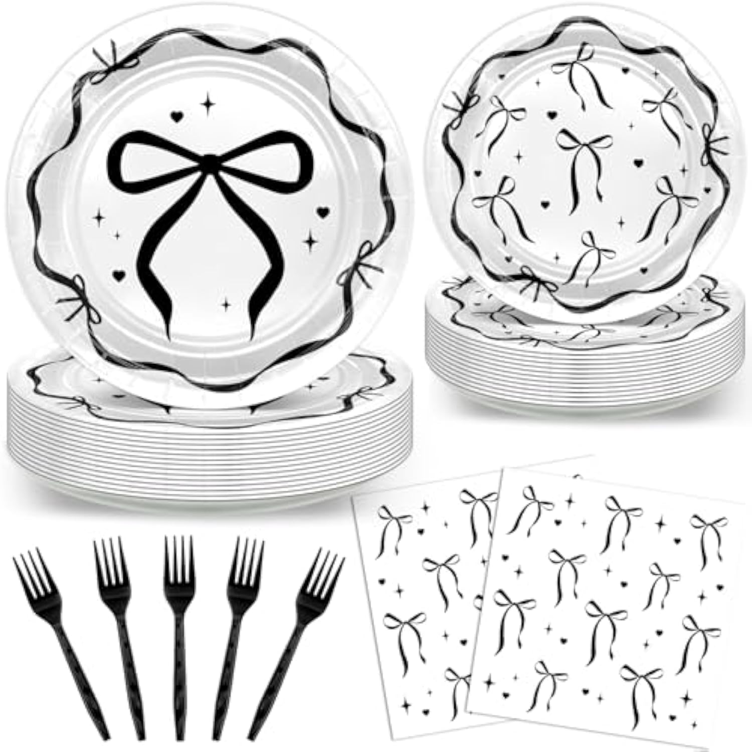 96Pcs Black Bow Plates And Napkins Black Bow Birthday Party Decorations Balck And White Bow Birthday Decorations Disposable Tableware Serve 24