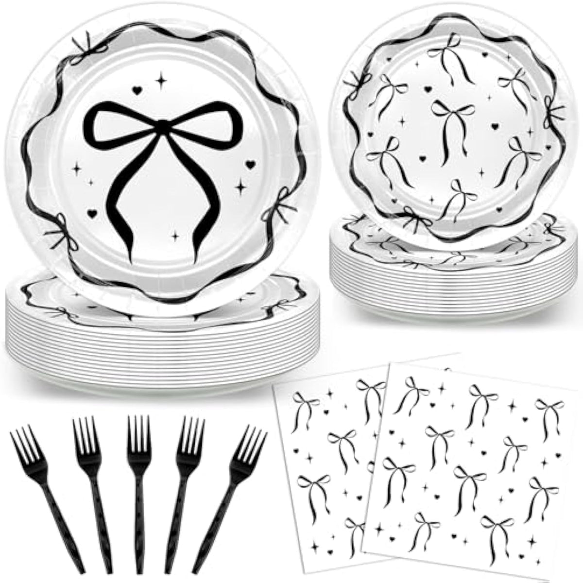 96Pcs Black Bow Plates And Napkins Black Bow Birthday Party Decorations Balck And White Bow Birthday Decorations Disposable Tableware Serve 24